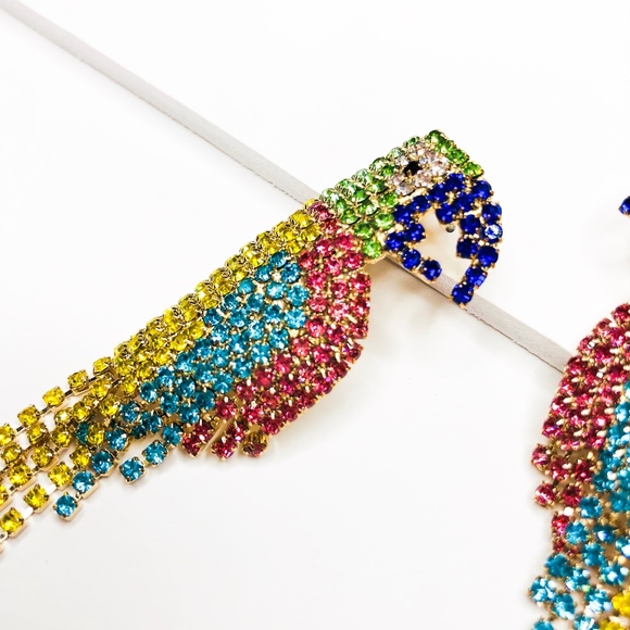 Milena Parrot Rhinestone Dangle Statement Earrings - Picture 3 of 5